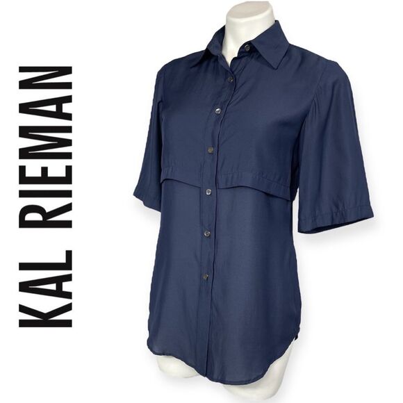 Kal Rieman Navy Blue Blouse Button Down Shirt Short Sleeve Size 2 Made in USA - Picture 4 of 16